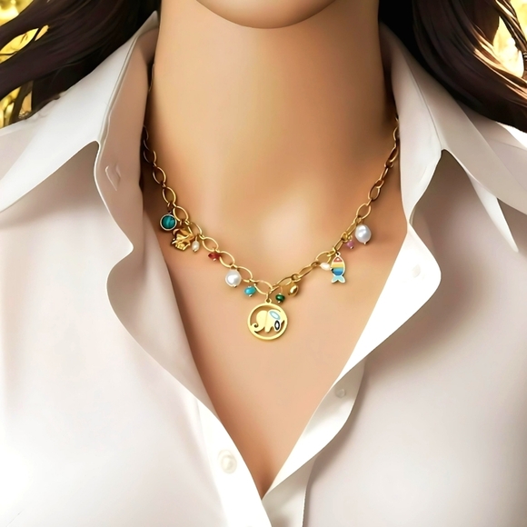 🆕18K Gold Plated Colorful Elephant Turquoise Fish Pearl Charm Necklace + Gift🎁 - Picture 4 of 15